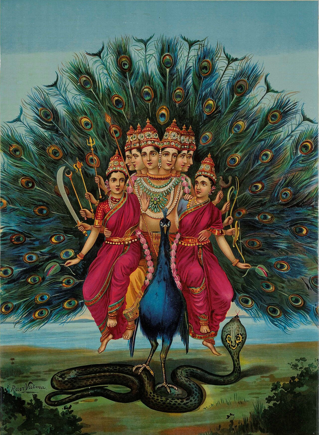 षण्मुख कार्तिकेय मयूर पर, वल्ली-देवसेना सहित — राजा रवि वर्मा (सार्वजनिक-क्षेत्र)