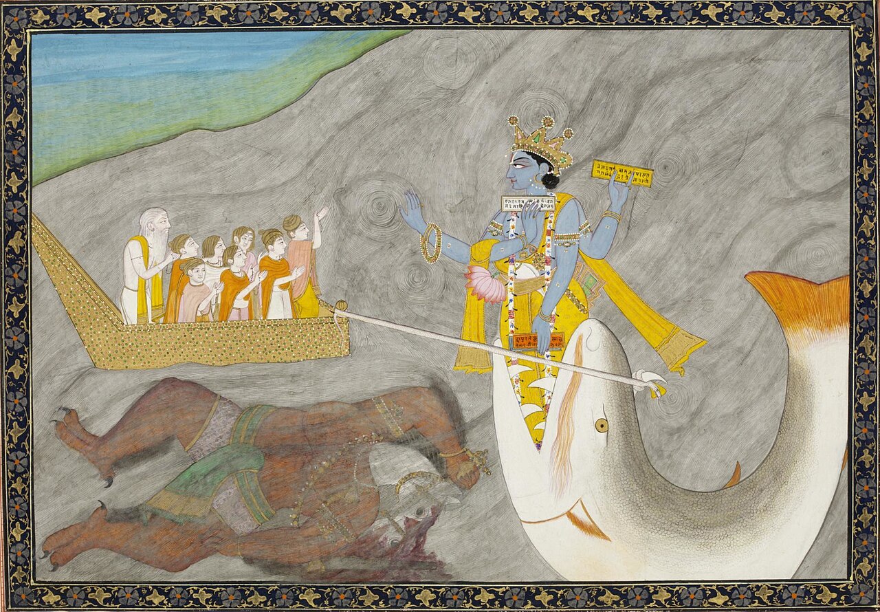 मत्स्य अवतार — वेद धारण किए मीन-रूप विष्णु, मनु की नौका एवं हयग्रीव-वध (लगभग 1870 की चित्रकृति)