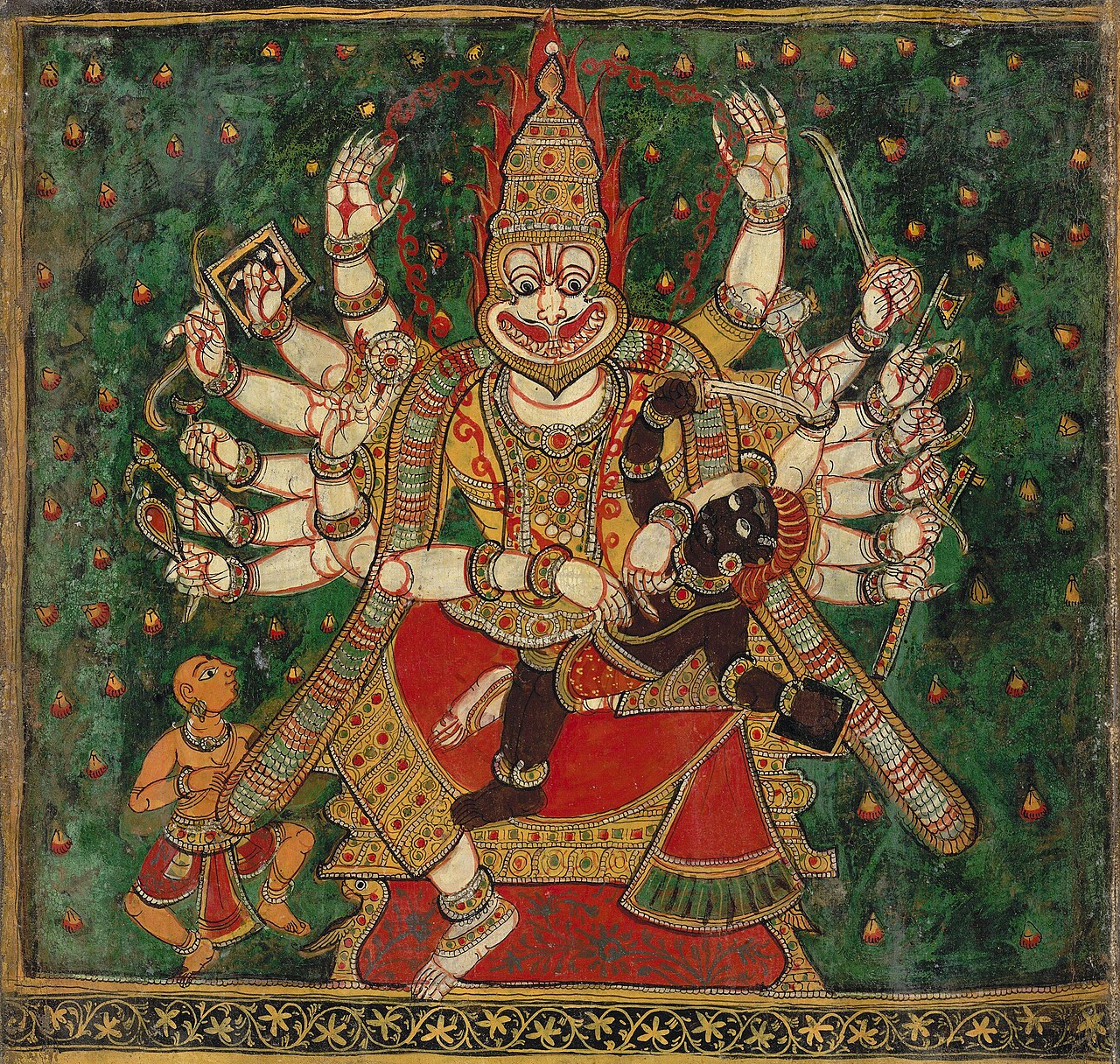 हिरण्यकशिपु-वध करते नृसिंह, प्रह्लाद सहित — पारंपरिक दक्षिण-भारतीय चित्रकला