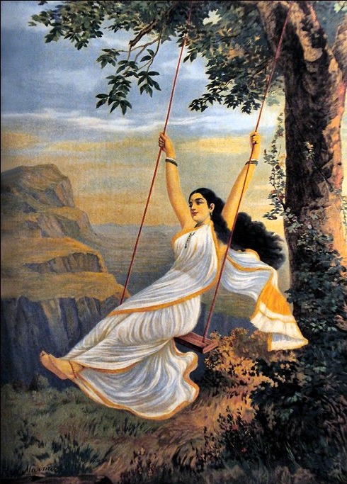 मोहिनी झूले पर — राजा रवि वर्मा (सार्वजनिक-क्षेत्र)