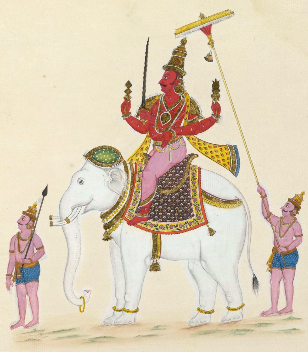 ऐरावत पर आरूढ़ सहस्राक्ष इन्द्र — वज्र-खड्ग सहित पारंपरिक लघुचित्र