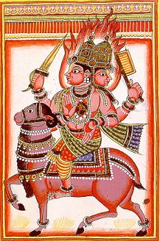 मेष-वाहन पर द्विमुख ज्वाला-मुकुट अग्निदेव — 18वीं शती लघुचित्र